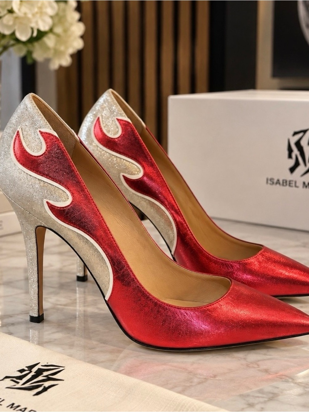 Isabel Marant Red Metallic and Silver Flame-Accent Pointed Pumps